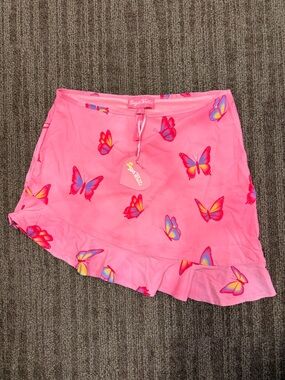 Sugar Thrillz Pink Butterfly Asymmetrical Ruffle Mini Skirt